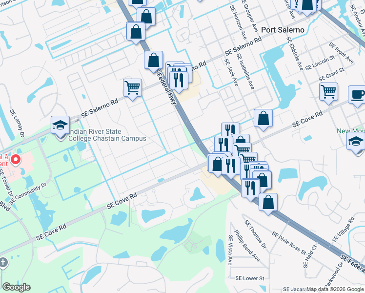 map of restaurants, bars, coffee shops, grocery stores, and more near 5691 Southeast Laguna Avenue in Stuart