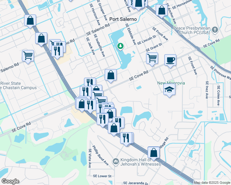 map of restaurants, bars, coffee shops, grocery stores, and more near 5689 Southeast Windsong Lane in Stuart