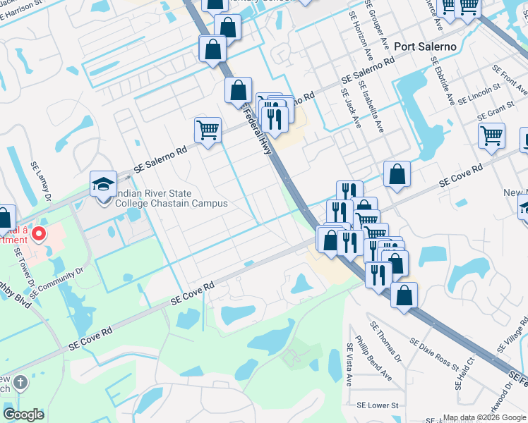 map of restaurants, bars, coffee shops, grocery stores, and more near 5679 Indigo Avenue in Stuart