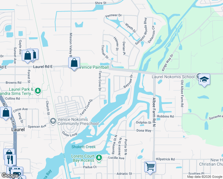 map of restaurants, bars, coffee shops, grocery stores, and more near 799 Bayview Drive in Nokomis