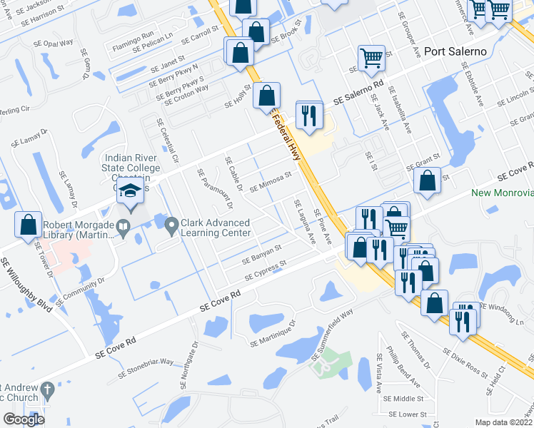 map of restaurants, bars, coffee shops, grocery stores, and more near 5642 Southeast Cable Drive in Stuart