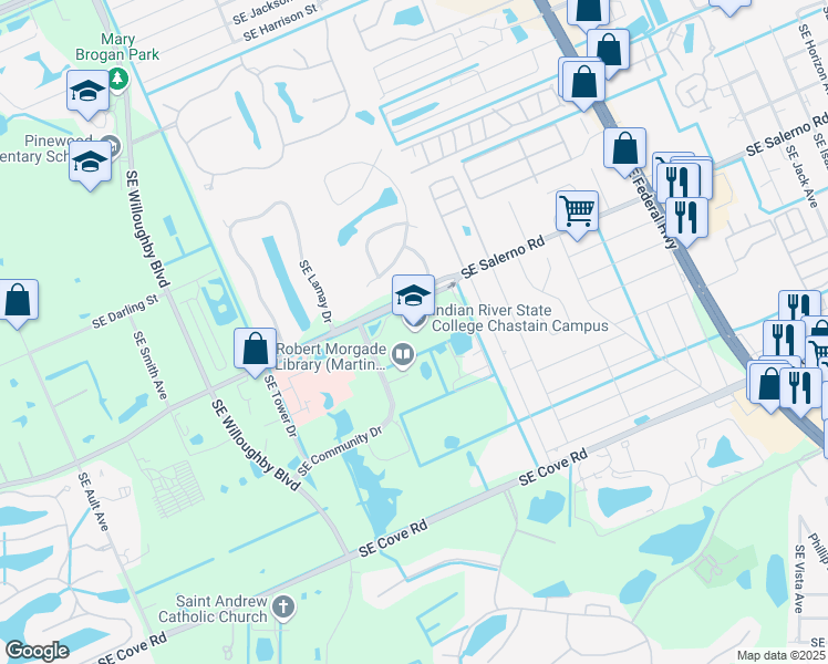 map of restaurants, bars, coffee shops, grocery stores, and more near 2400 Southeast Salerno Road in Stuart
