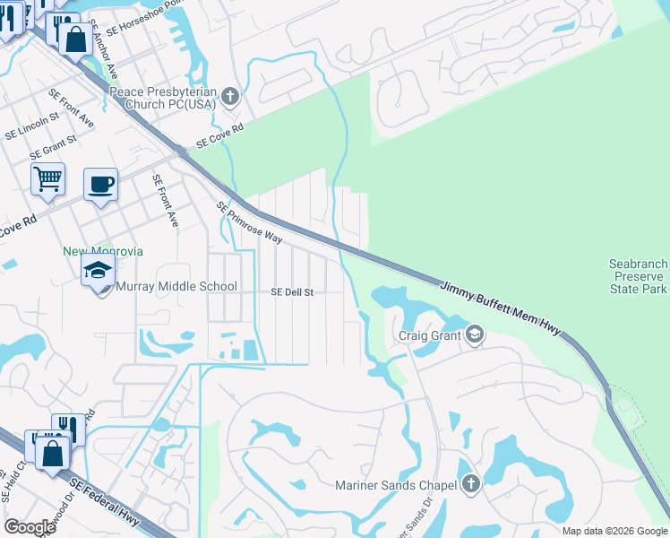 map of restaurants, bars, coffee shops, grocery stores, and more near 5703 Southeast Pine Drive in Stuart