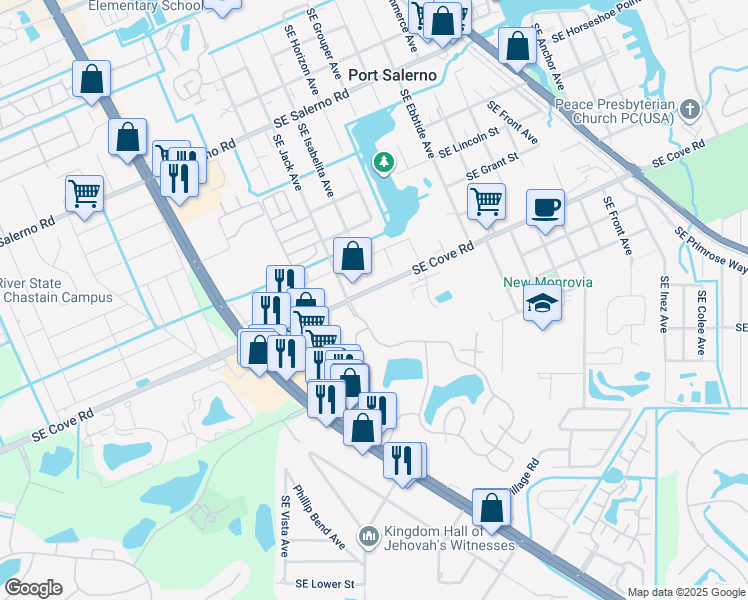 map of restaurants, bars, coffee shops, grocery stores, and more near 5689 Southeast Windsong Lane in Stuart