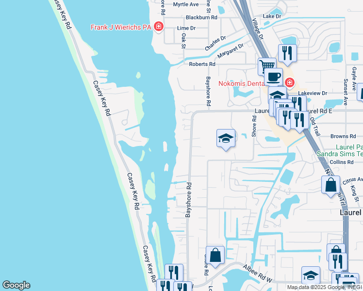 map of restaurants, bars, coffee shops, grocery stores, and more near 905 Bayshore Road in Nokomis