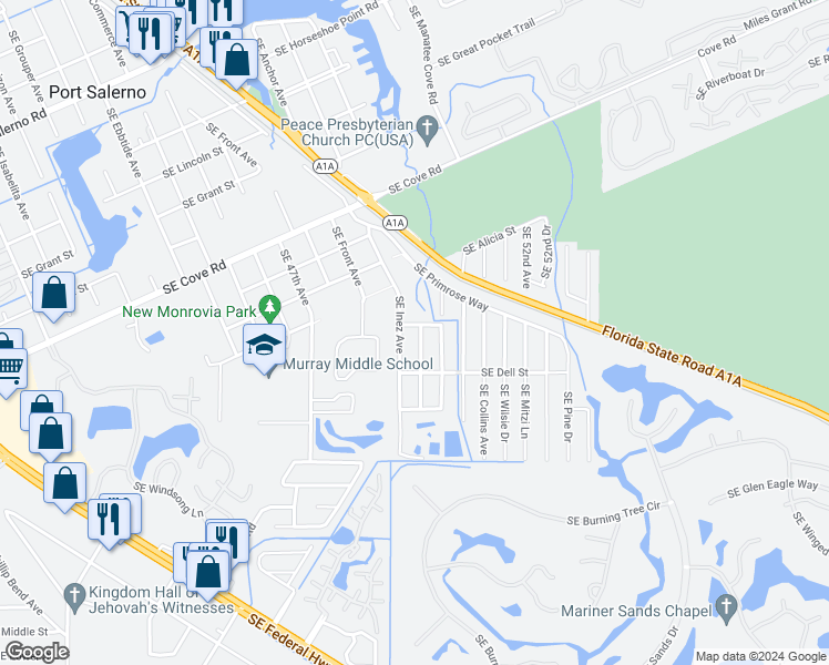 map of restaurants, bars, coffee shops, grocery stores, and more near 5654 Southeast Mercedes Avenue in Stuart
