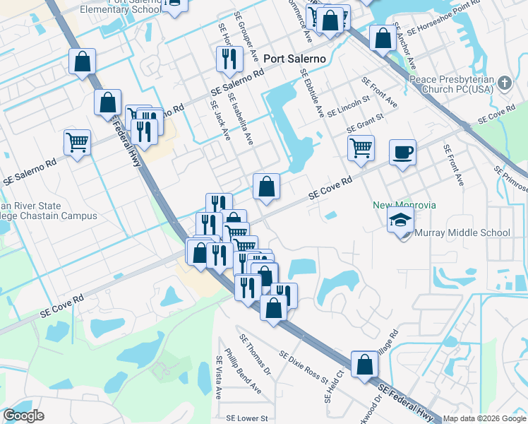 map of restaurants, bars, coffee shops, grocery stores, and more near 3840 Southeast Lee Street in Stuart