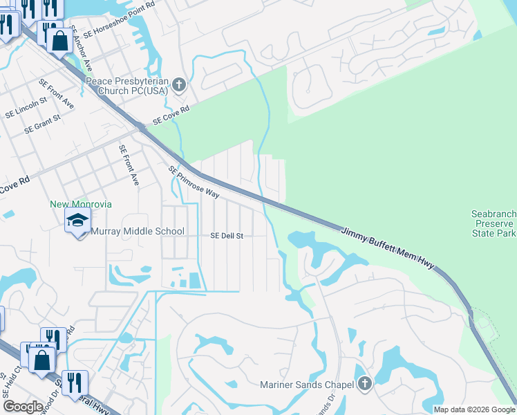 map of restaurants, bars, coffee shops, grocery stores, and more near 5241 Southeast Primrose Way in Stuart