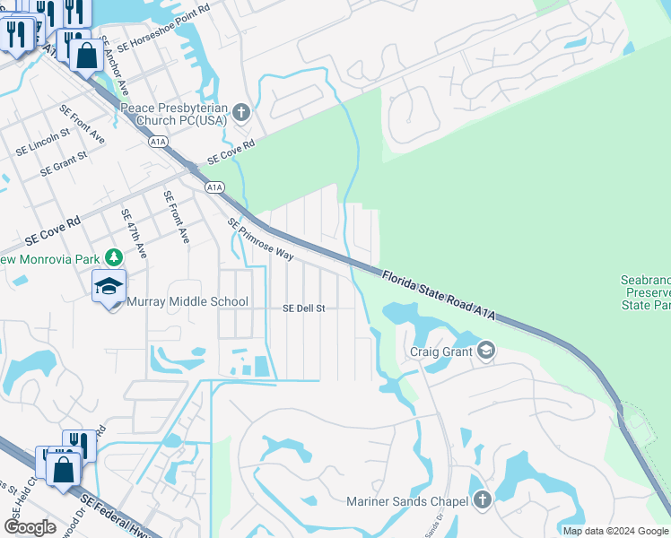 map of restaurants, bars, coffee shops, grocery stores, and more near 5205 Southeast Primrose Way in Stuart