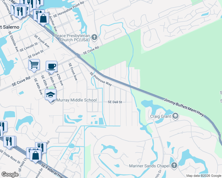 map of restaurants, bars, coffee shops, grocery stores, and more near 5068 Southeast Primrose Way in Stuart