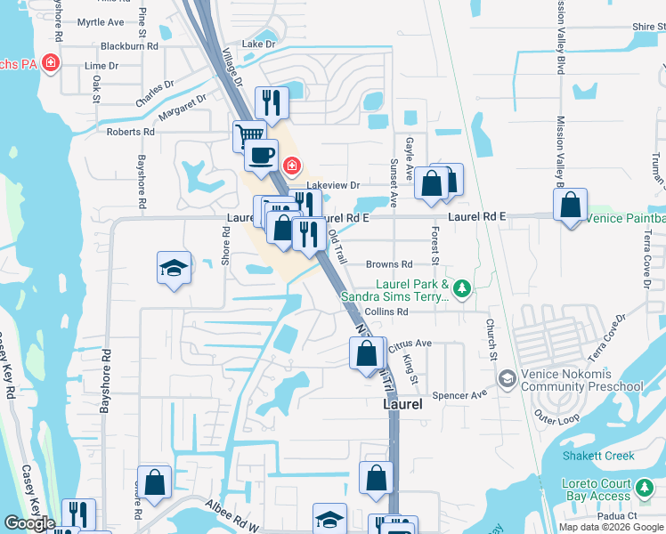 map of restaurants, bars, coffee shops, grocery stores, and more near 17840 North Tamiami Trail in Nokomis