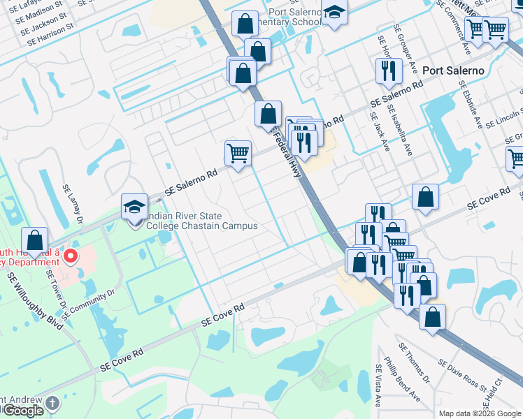 map of restaurants, bars, coffee shops, grocery stores, and more near 3066 Southeast Mimosa Street in Stuart