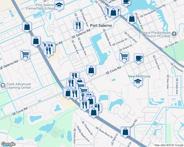 map of restaurants, bars, coffee shops, grocery stores, and more near 3840 Southeast Lee Street in Stuart