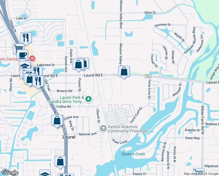 map of restaurants, bars, coffee shops, grocery stores, and more near 1063 Bradberry Drive in Nokomis