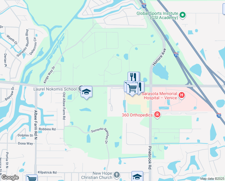 map of restaurants, bars, coffee shops, grocery stores, and more near 2300 Laurel Road East in Nokomis