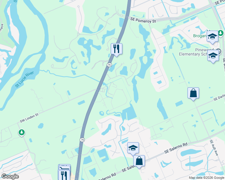 map of restaurants, bars, coffee shops, grocery stores, and more near 5685 Southeast Green Lane in Stuart