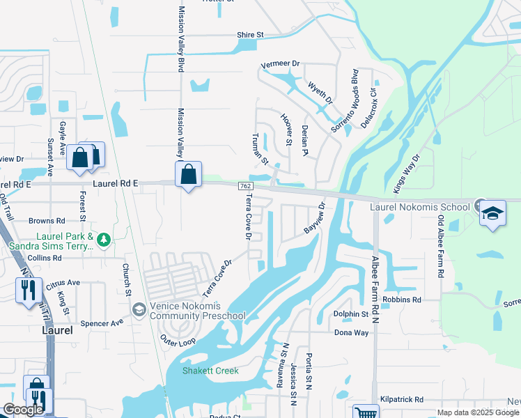 map of restaurants, bars, coffee shops, grocery stores, and more near 22 Lafitte Drive in Nokomis