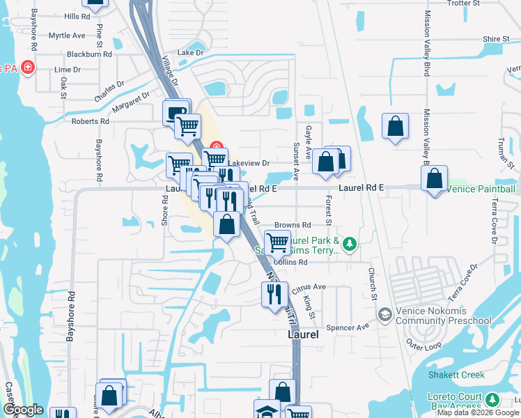 map of restaurants, bars, coffee shops, grocery stores, and more near 17840 North Tamiami Trail in Nokomis