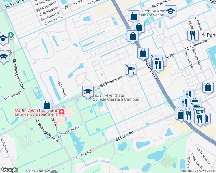 map of restaurants, bars, coffee shops, grocery stores, and more near 5499 Southeast Celestial Circle in Stuart