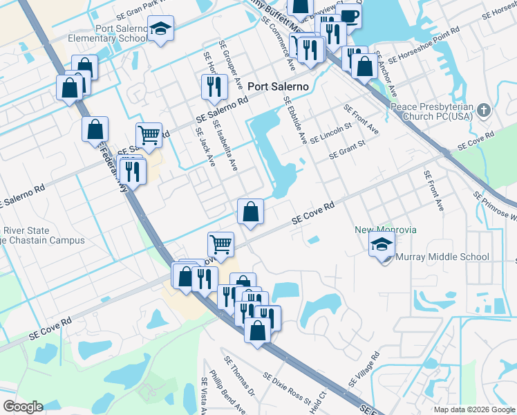 map of restaurants, bars, coffee shops, grocery stores, and more near 3848 Southeast Grant Street in Stuart