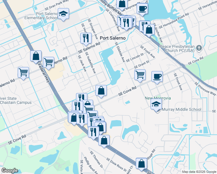 map of restaurants, bars, coffee shops, grocery stores, and more near 3960 Southeast Lee Street in Stuart