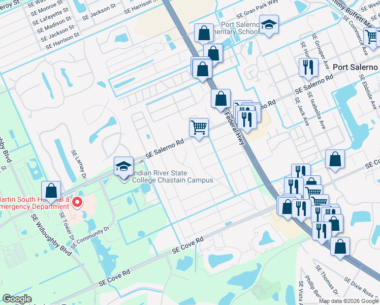 map of restaurants, bars, coffee shops, grocery stores, and more near 2974 Southeast Orange Tree Place in Stuart