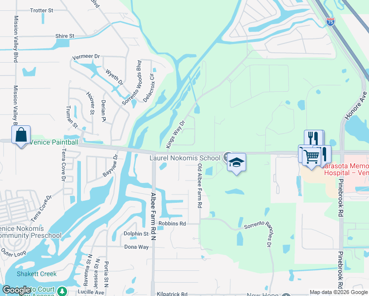 map of restaurants, bars, coffee shops, grocery stores, and more near 1606 Landfall Drive in Nokomis