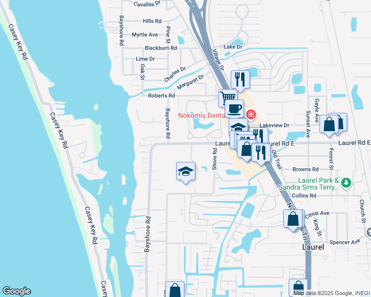 map of restaurants, bars, coffee shops, grocery stores, and more near 495 Laurel Road West in Nokomis
