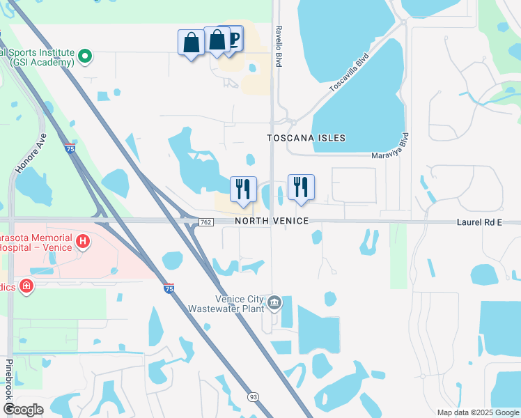 map of restaurants, bars, coffee shops, grocery stores, and more near 1000 Knights Trail Road in Venice