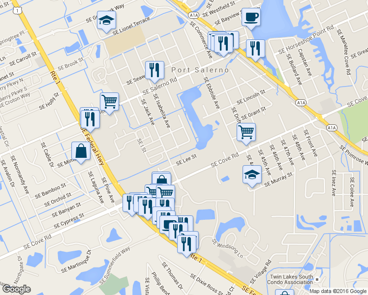map of restaurants, bars, coffee shops, grocery stores, and more near 3848 Southeast Grant Street in Stuart