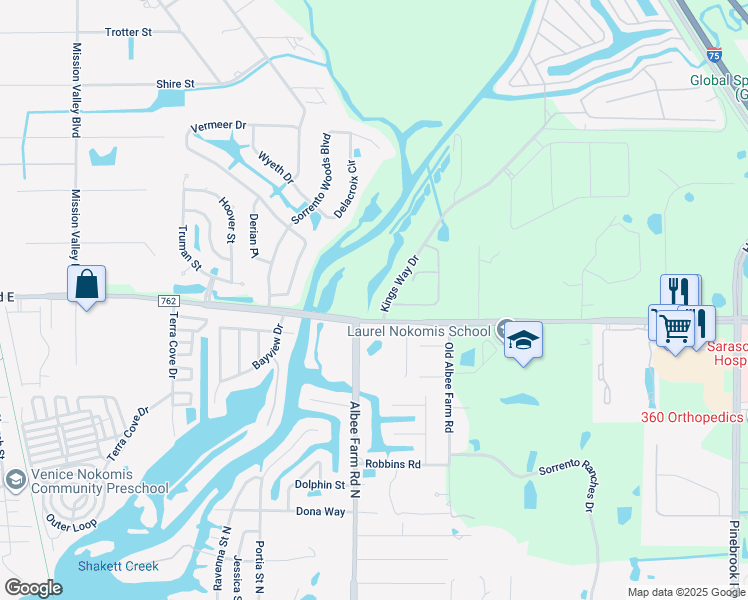 map of restaurants, bars, coffee shops, grocery stores, and more near 1105 Kings Way Drive in Nokomis