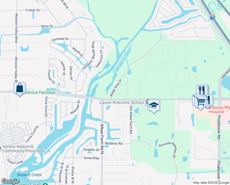 map of restaurants, bars, coffee shops, grocery stores, and more near 1606 Landfall Drive in Nokomis