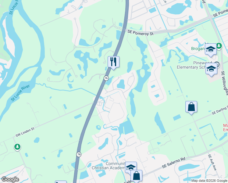 map of restaurants, bars, coffee shops, grocery stores, and more near 360 Southeast Bloxham Way in Stuart
