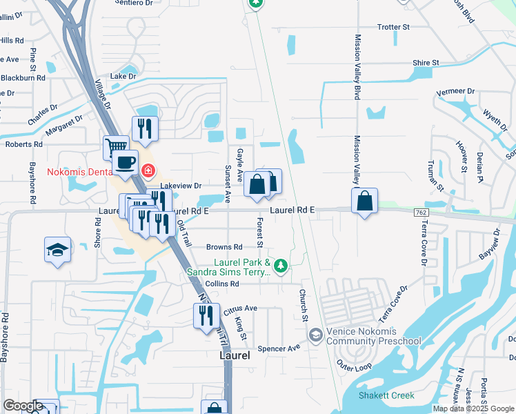 map of restaurants, bars, coffee shops, grocery stores, and more near 395 Laurel Road East in Nokomis
