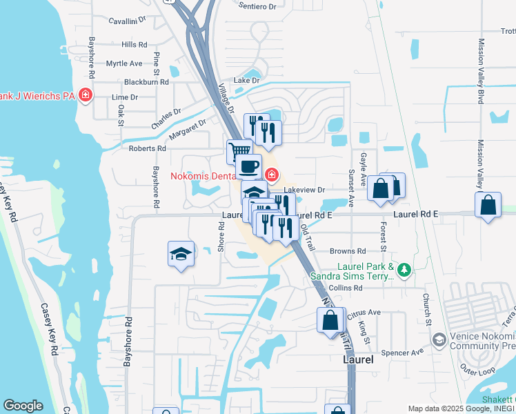map of restaurants, bars, coffee shops, grocery stores, and more near 1111 North Tamiami Trail in Nokomis