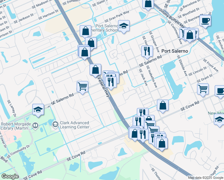 map of restaurants, bars, coffee shops, grocery stores, and more near 5561 Southeast Federal Highway in Stuart