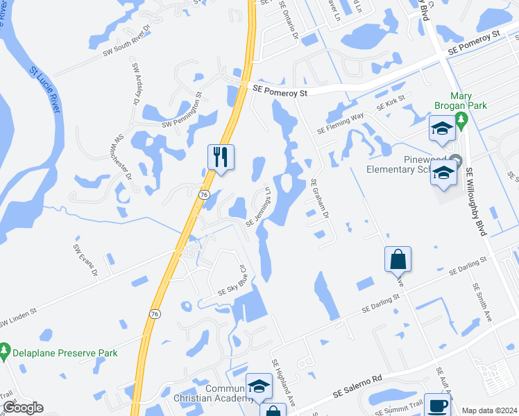 map of restaurants, bars, coffee shops, grocery stores, and more near 5384 Southeast Jennings Lane in Stuart