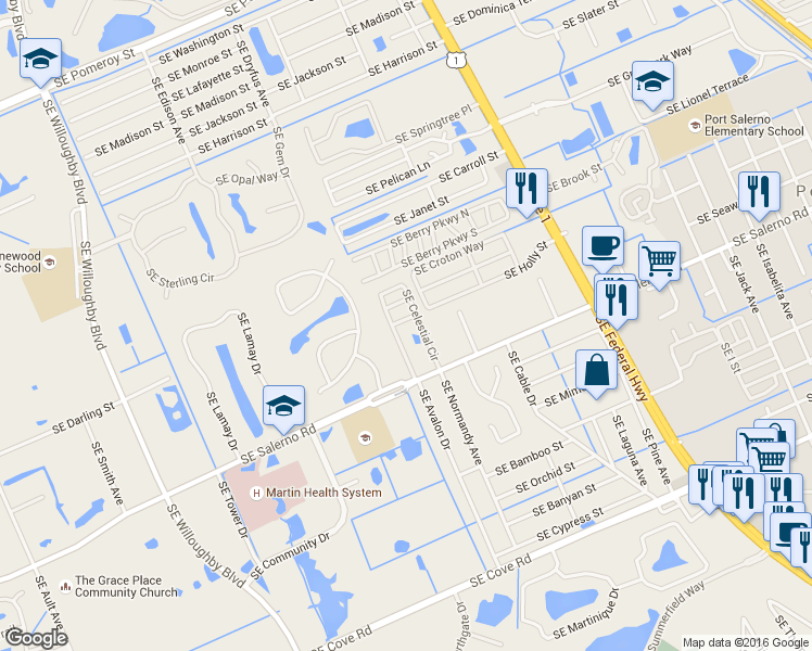map of restaurants, bars, coffee shops, grocery stores, and more near 2640 Southeast Galaxy Way in Stuart