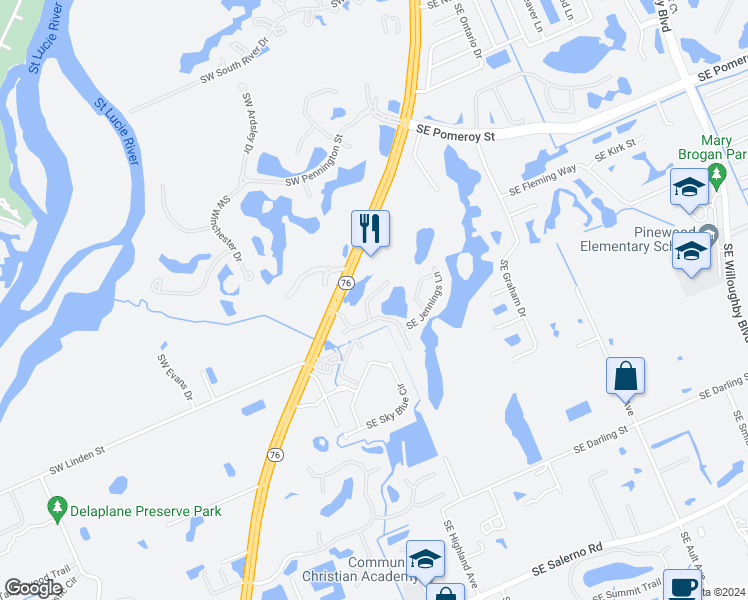 map of restaurants, bars, coffee shops, grocery stores, and more near 5399 Southeast Moseley Drive in Stuart