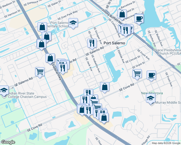 map of restaurants, bars, coffee shops, grocery stores, and more near 5330 Southeast Jack Avenue in Stuart