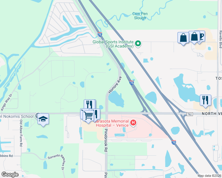 map of restaurants, bars, coffee shops, grocery stores, and more near Honore Ave in Nokomis