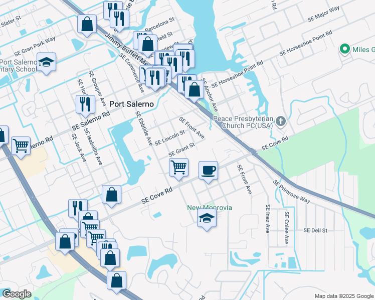 map of restaurants, bars, coffee shops, grocery stores, and more near 4303 Southeast Grant Street in Stuart