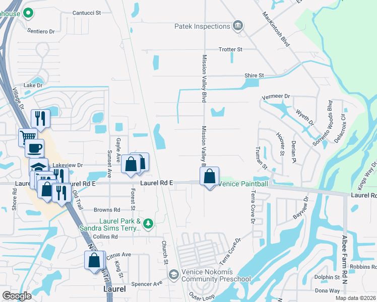 map of restaurants, bars, coffee shops, grocery stores, and more near 751 Arabian Circle in Nokomis