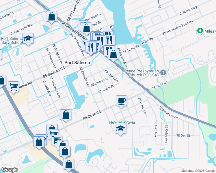 map of restaurants, bars, coffee shops, grocery stores, and more near 4303 SE Grant St in Stuart