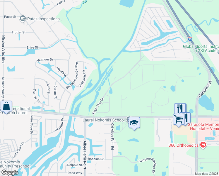 map of restaurants, bars, coffee shops, grocery stores, and more near 1500 Kings Way Drive in Nokomis