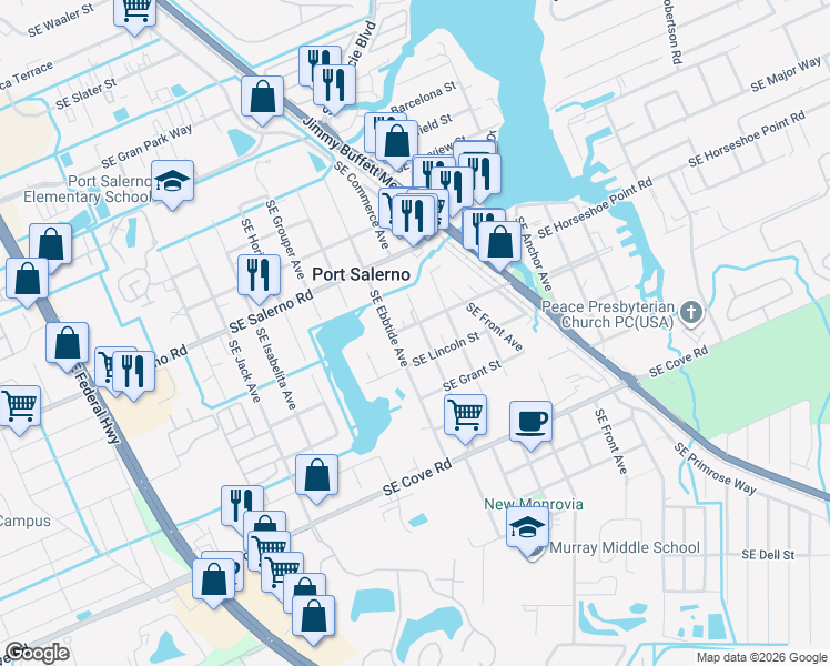 map of restaurants, bars, coffee shops, grocery stores, and more near 4114 Southeast Broward Street in Stuart