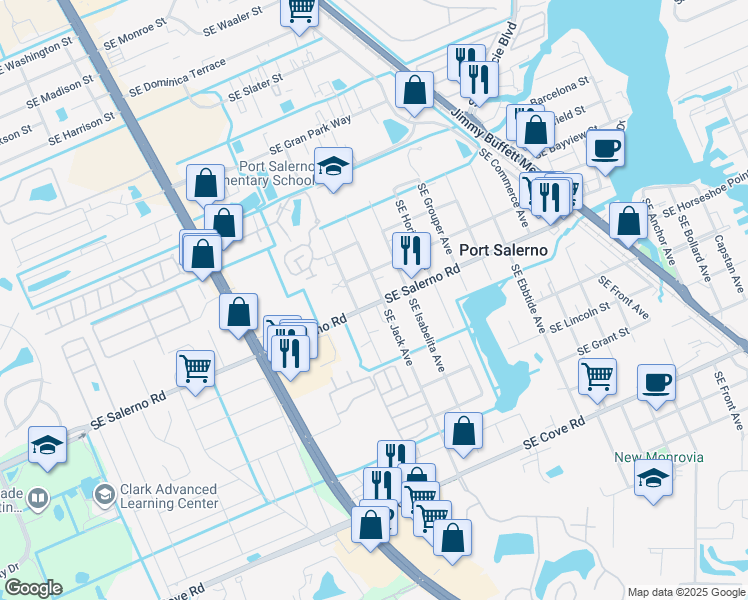 map of restaurants, bars, coffee shops, grocery stores, and more near 5090 Southeast Jack Avenue in Stuart