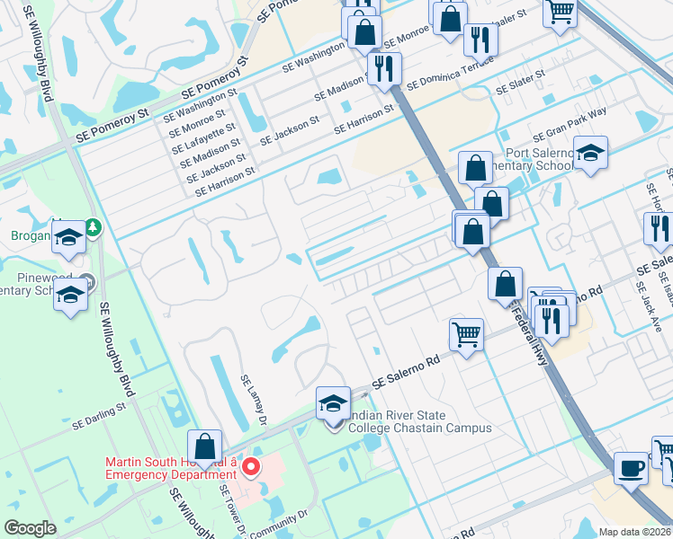 map of restaurants, bars, coffee shops, grocery stores, and more near 2512 Southeast Janet Street in Stuart