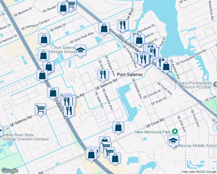 map of restaurants, bars, coffee shops, grocery stores, and more near 5076 Southeast Horizon Avenue in Stuart