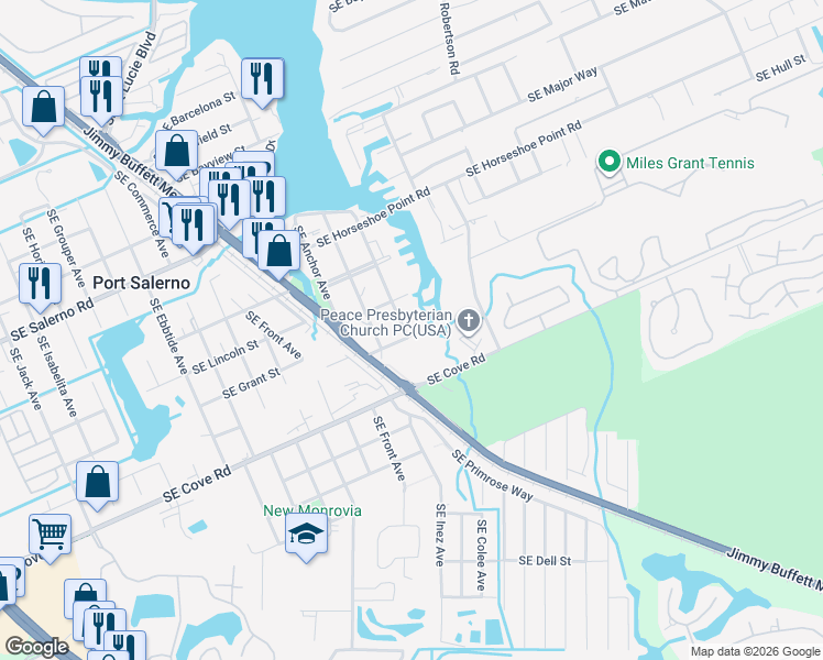 map of restaurants, bars, coffee shops, grocery stores, and more near 4769 Southeast Compass Way in Stuart